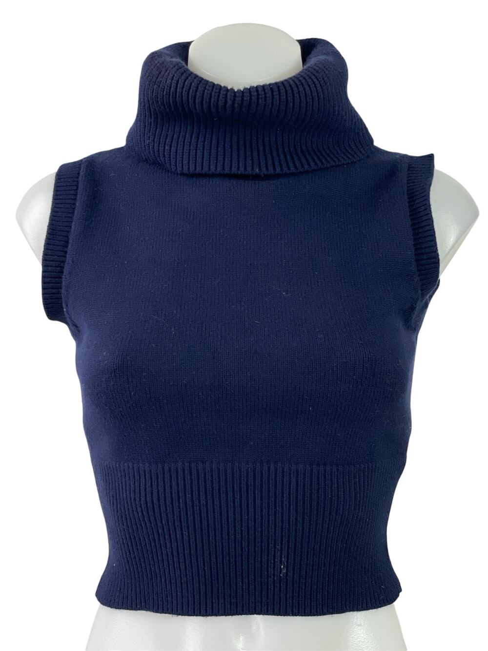 Zara Women's Navy Blue Turtleneck Sleeveless Knit Tank Sweater Crop Top Size M